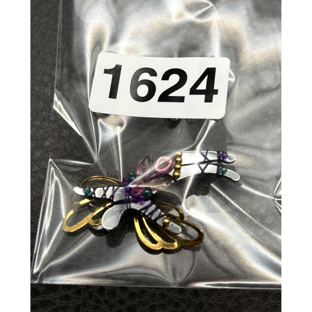 LizTech Dragonfly Brooch Pin Gold Tone Enamel Purple White Beads